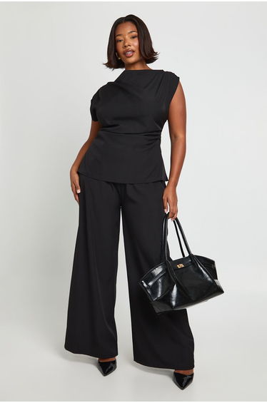 Plus One Shoulder Longline Top & Straight Leg Trouser Co-ord - black