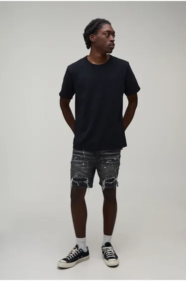 Super Skinny Biker Rip & Repair Paint Splatter Denim Shorts - black
