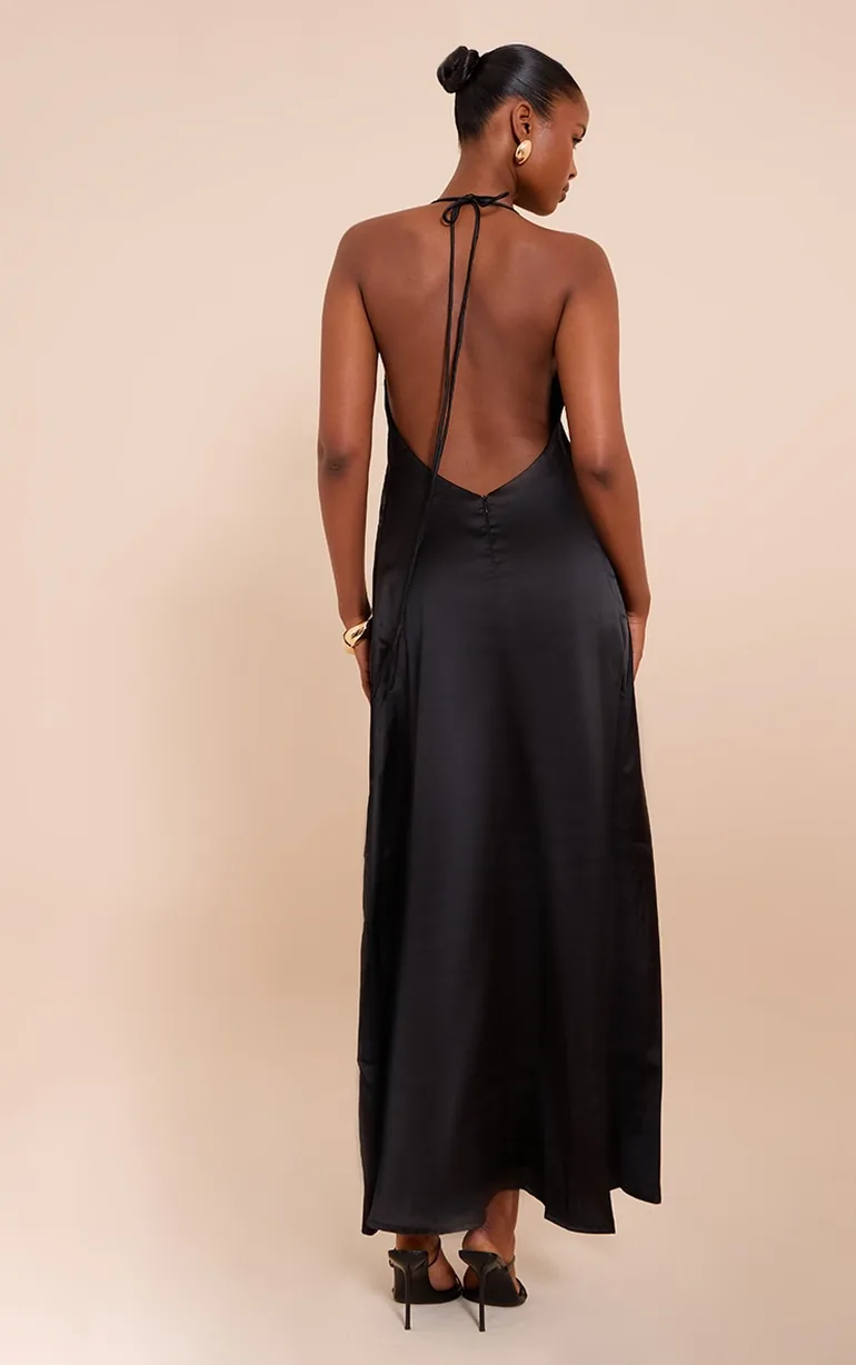 black satin lace up dress Weslyn Black Satin Lace High Slit Dress