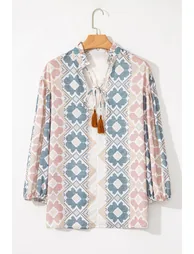 Lvness Khaki Geometric Print Tassel Tie Split Neck Balloon Sleeve Blouse - 5