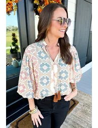 Lvness Khaki Geometric Print Tassel Tie Split Neck Balloon Sleeve Blouse