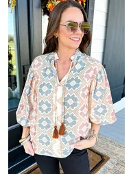 Lvness Khaki Geometric Print Tassel Tie Split Neck Balloon Sleeve Blouse - 3