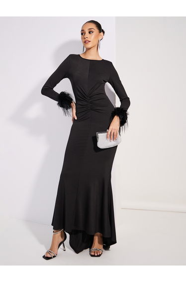 Gathered Front Faux Fur Detail Maxi Dress