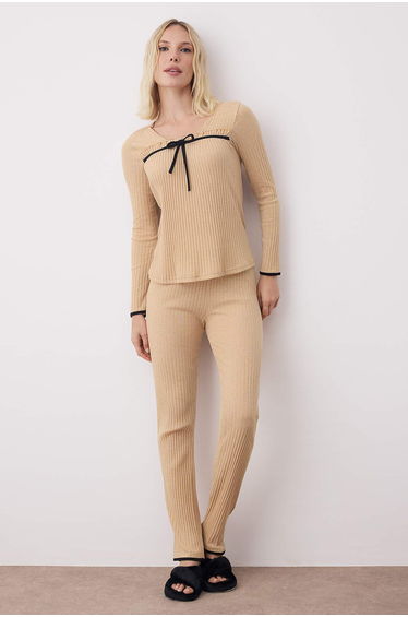 Beige Ruffle Ribbon/Bow Ribbed Knitted Pajama Set