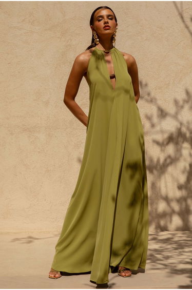 Zyon | Green High-Neck Maxi Dress with Cut-Out Details