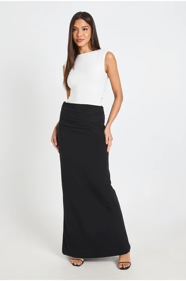 Double Layer Slinky Draped Maxi Skirt - black
