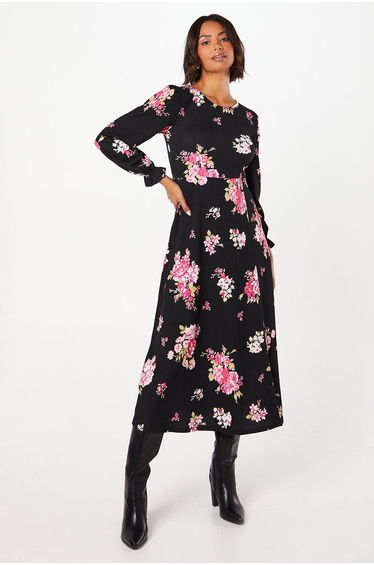 Spaced Floral Long Sleeve Midi Dress