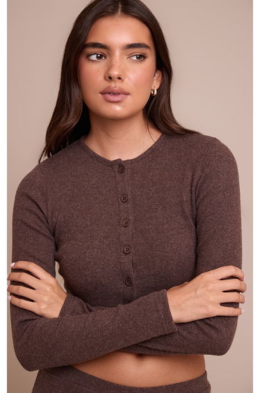 Chocolate Brushed Rib Button Cardigan