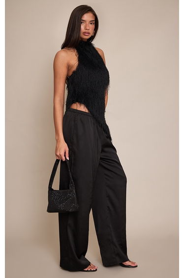 Black Textured Faux Fur Asymmetric Sleeveless Top