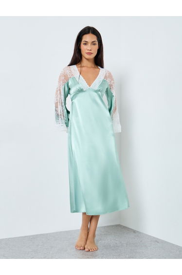 Contrast Lace Insert V Neck Satin Nightdress