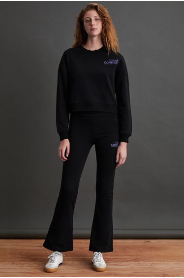 Irelia Women's Printed Detailed 100% Organic Cotton Regular 3 Thread Knitted Black Tracksuit
