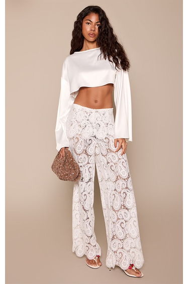 White Paisley Crotchet Detail Wide Leg Trousers