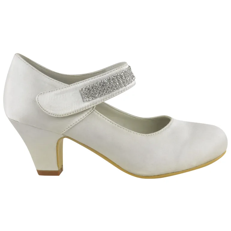 BITAL KIDS MID HIGH HEEL COURT SHOES WITH DIAMANTE DETAILED STRAP IN OFF WHITE GLITTER - 1