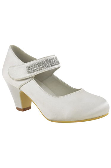BITAL KIDS MID HIGH HEEL COURT SHOES WITH DIAMANTE DETAILED STRAP IN OFF WHITE GLITTER
