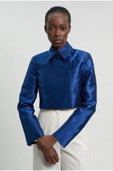 Petite Forever Satin Twill Cropped Wrap Tailored Jacket