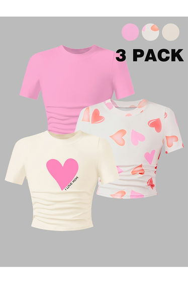 Pack of 3 - Girls Ruched Detail Heart Print T-Shirt