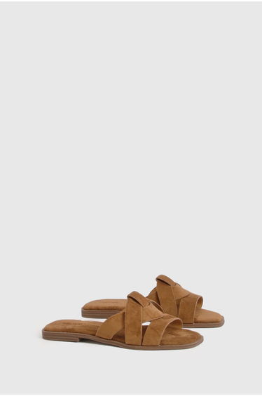 Wide Fit Faux Suede Cross Over Sliders - tan