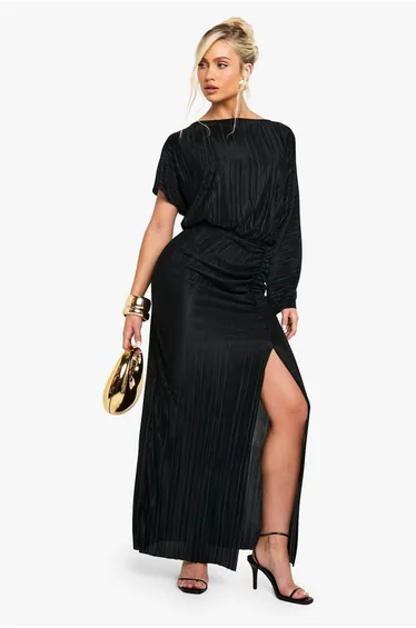 Plisse Ruched Split Maxi Dress - black