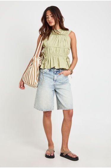 Poplin Shirred High Neck Top - pistachio