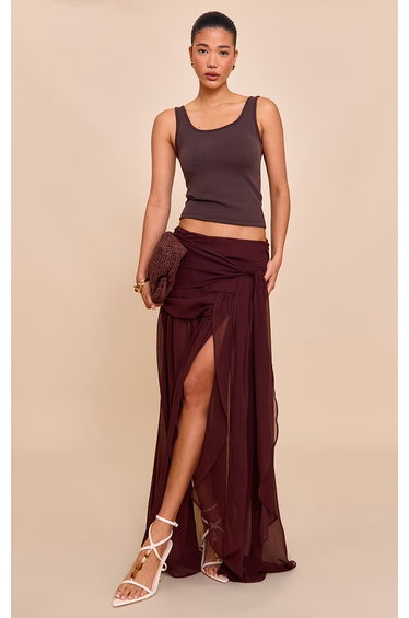 Dark Chocolate Chiffon Lined Tie Front Maxi Skirt