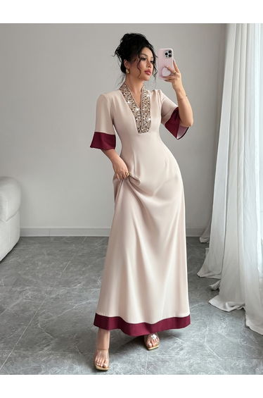 Beige Contrast Trim V Neck A-Line Maxi Dress with Embellished Detail