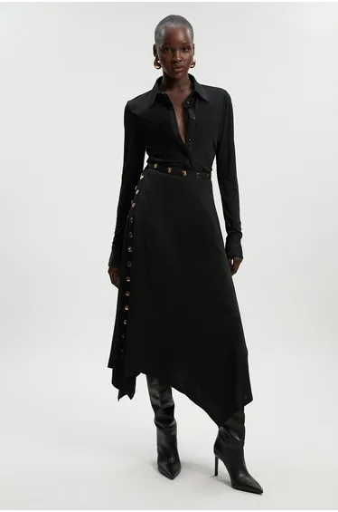 Drapey Crepe Hanky Hem Eyelet Detail Maxi Skirt