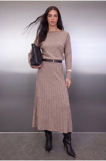 Mink A-Line Boat Neck Maxi Knitwear Belted Long Dress