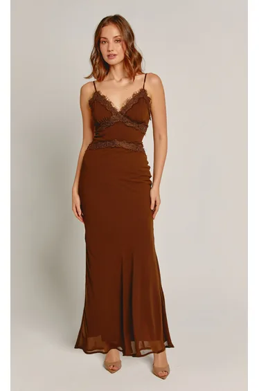 Brown Lace Trim Maxi Dress