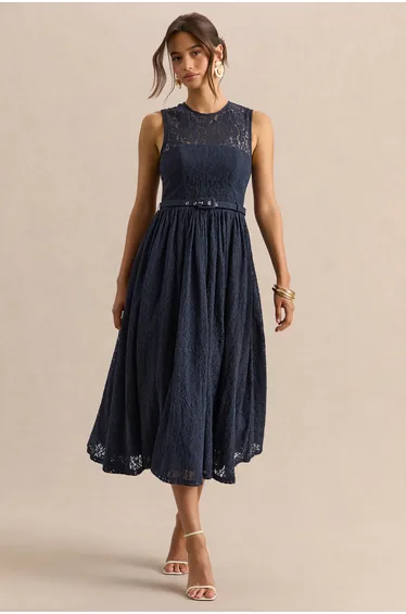 Anabella | Navy Lace Crew-Neck Belted Midi-Dress