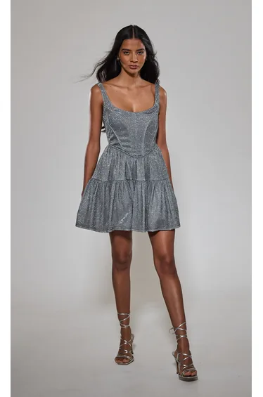 Silver Glitter Corset Tiered Mini Dress