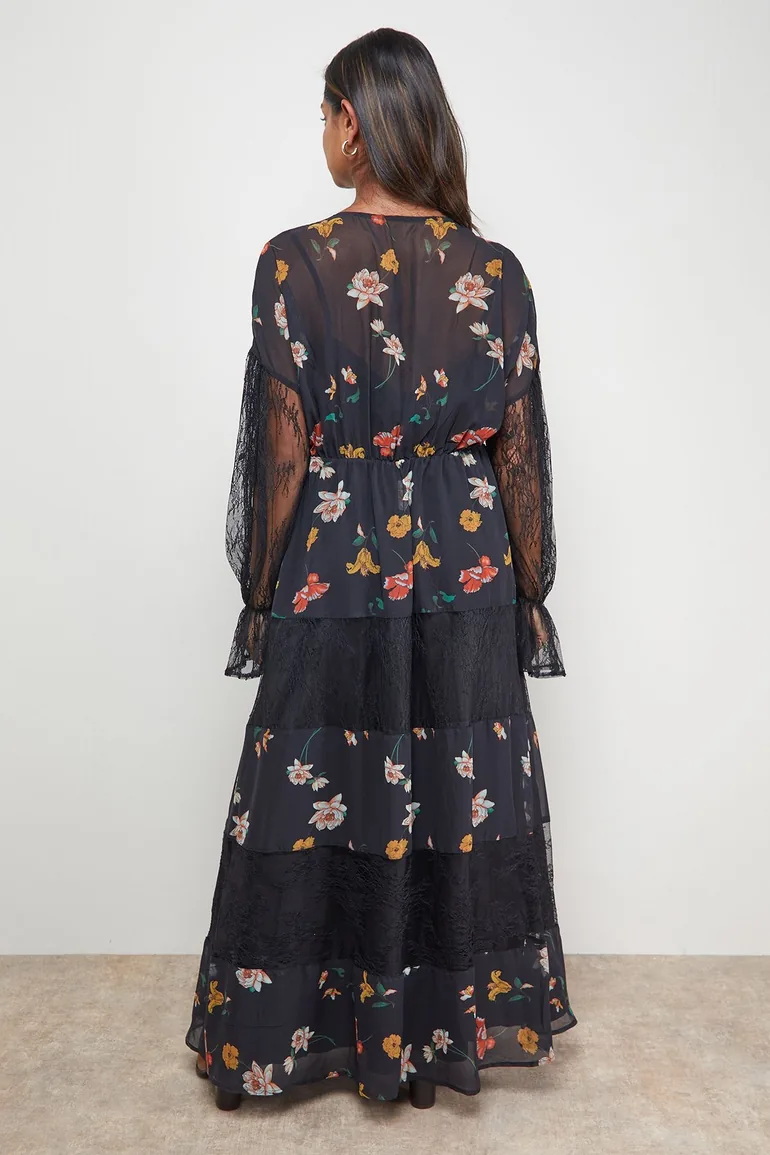 Printed Lace Panel Detail V Neck Midaxi Dress - 1
