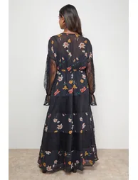 Printed Lace Panel Detail V Neck Midaxi Dress - 1