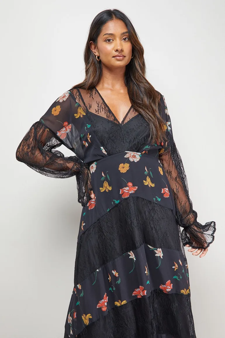 Printed Lace Panel Detail V Neck Midaxi Dress - 2