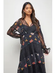 Printed Lace Panel Detail V Neck Midaxi Dress - 2