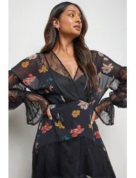 Printed Lace Panel Detail V Neck Midaxi Dress - 3