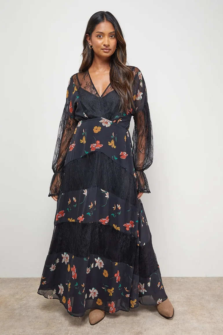 Printed Lace Panel Detail V Neck Midaxi Dress