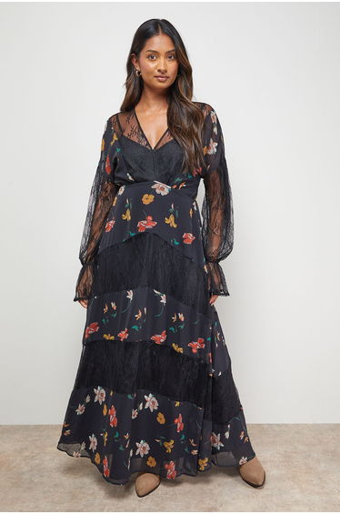 Printed Lace Panel Detail V Neck Midaxi Dress