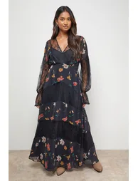 Printed Lace Panel Detail V Neck Midaxi Dress