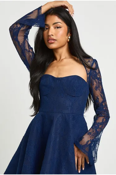 فستان بوهو كحلي قصير  بأكمام طويلة