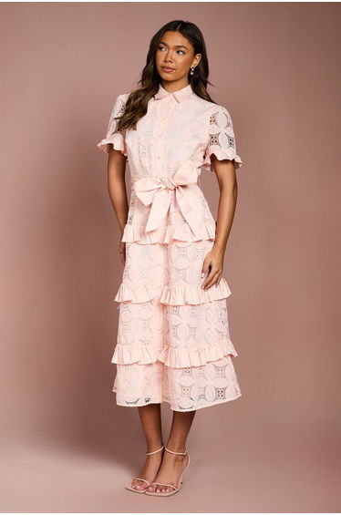 Tiered Lace Shirt Midi Dress