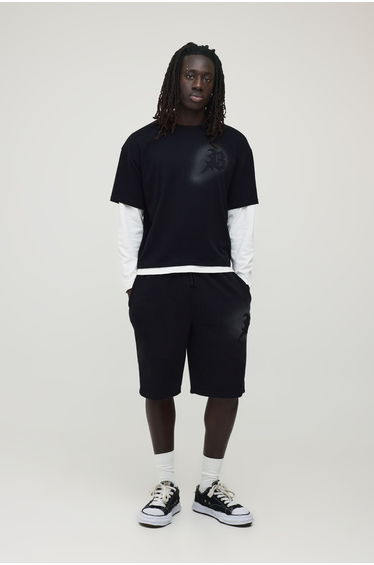 Oversized Boxy B Applique Faux Layer Washed T-Shirt and Short Set - black