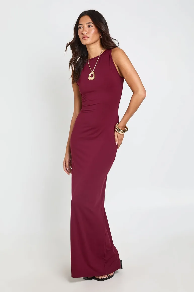 Slash Neck Super Soft Maxi Dress - burgundy - 2