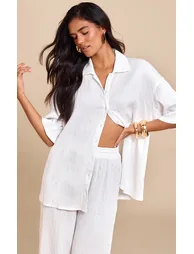 White Textured Woven Oversized Short Sleeve Shirt - 3