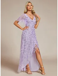 ever ALIX|Short Sleeves Sequin High Low V-Neck Midi Formal Evening Dress - 4
