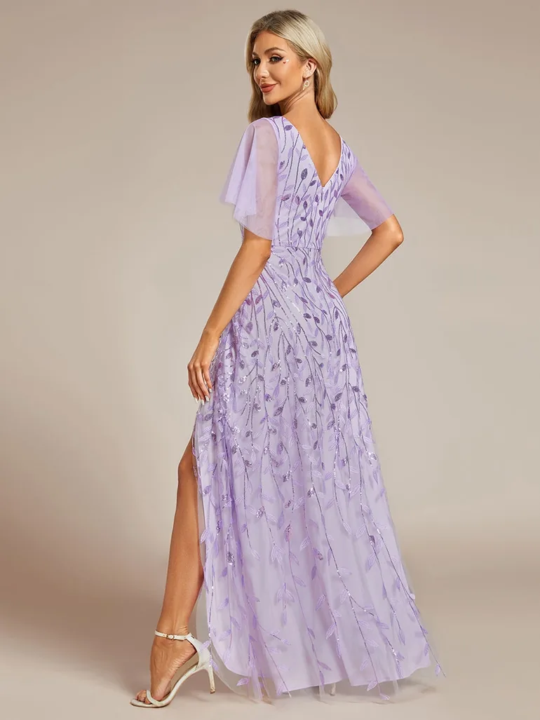ever ALIX|Short Sleeves Sequin High Low V-Neck Midi Formal Evening Dress - 1