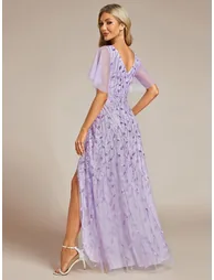 ever ALIX|Short Sleeves Sequin High Low V-Neck Midi Formal Evening Dress - 1
