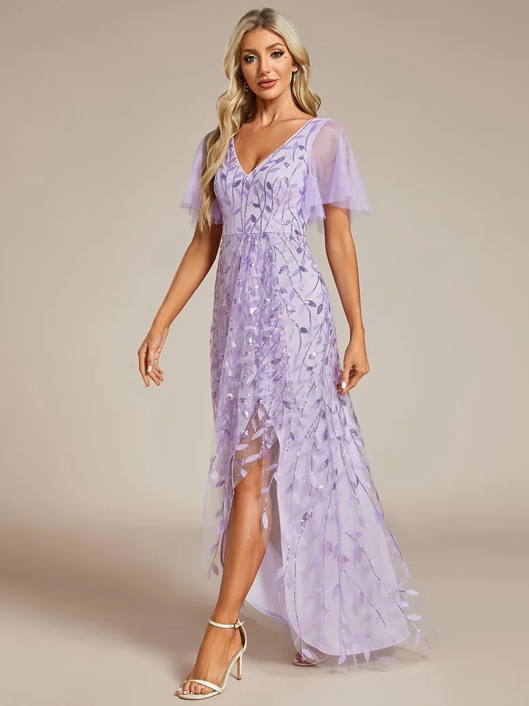 ever ALIX|Short Sleeves Sequin High Low V-Neck Midi Formal Evening Dress - 2