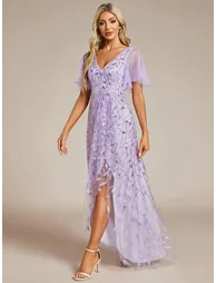 ever ALIX|Short Sleeves Sequin High Low V-Neck Midi Formal Evening Dress - 2