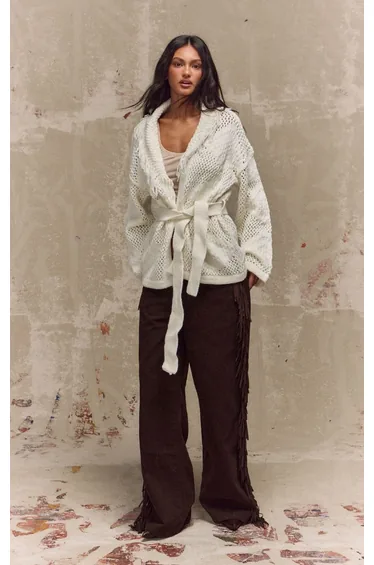 Cream Patterned Tassel Knit Detail Tie Waist Longline Cardigan