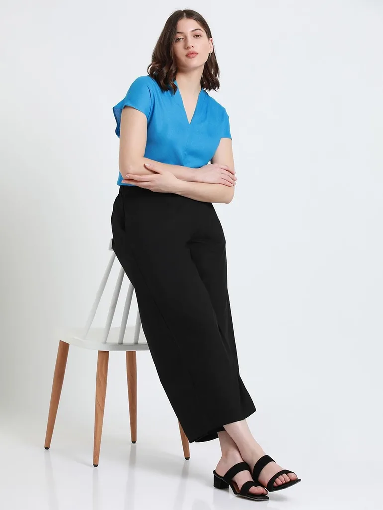 Solid V-Neck Short Sleeve Casual Top - 3